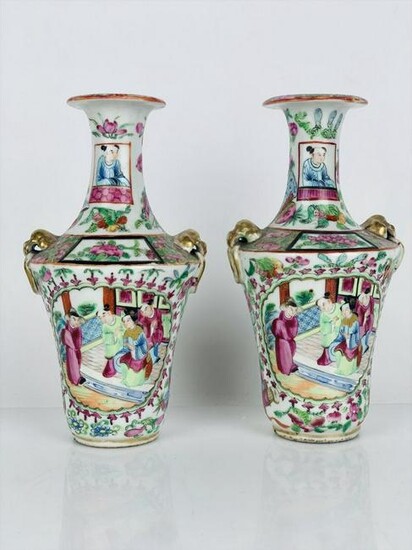A PAIR OF 19TH C. CHINESE ROSE CANTON PORCELAIN VASES