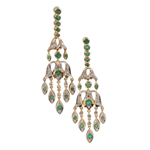 A PAIR OF EMERALD AND DIAMOND CHANDELIER EARRINGS set in unm...