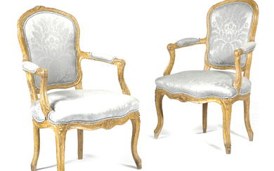 A PAIR OF FRENCH LOUIS XV BEECHWOOD FAUTEUIL...