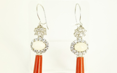 A PAIR OF ITALIAN RED CORAL AND OPAL DROP EARRINGS