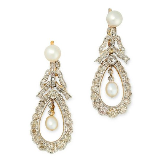 A PAIR OF PEARL AND DIAMOND DROP EARRINGS in yellow