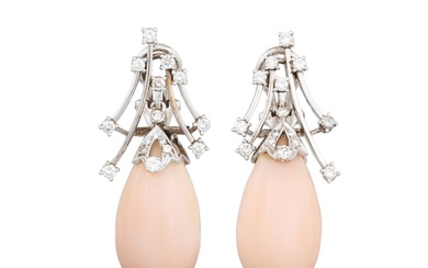 A PAIR OF PINK CORAL AND DIAMOND DROP EARRINGS, each diamond...
