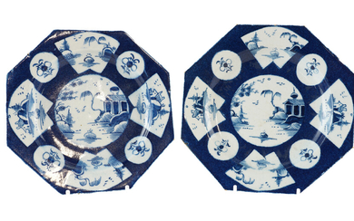 A PAIR OF SMALL BOW BLUE-GROUND OCTAGONAL PLATES (2)