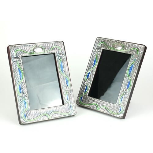 A PAIR OF STERLING SILVER AND ENAMEL ART NOUVEAU DESIGN PHOT...
