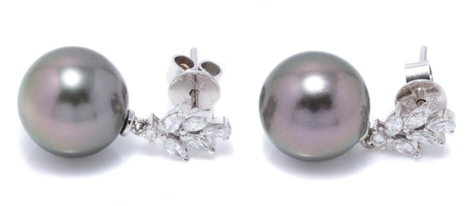 A PAIR OF TAHITIAN PEARL AND DIAMOND EARRINGS; each an 11.8mm round cultured pearl of fine colour with high lustre on an 18ct white...