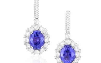 A PAIR OF TANZANITE AND DIAMOND PENDENT EARRINGS Each oval-...