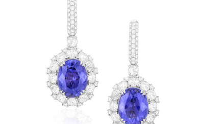 A PAIR OF TANZANITE AND DIAMOND PENDENT EARRINGS