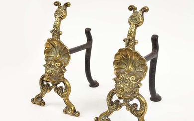 A PAIR OF VICTORIAN BRASS FIRE DOGS, made by William Tonks a...