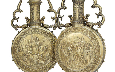 A PAIR OF VICTORIAN SILVER-GILT LARGE PILGRIM FLASKS MARK OF...