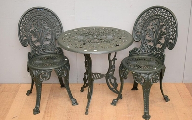 A PAIR OF VICTORIAN STYLE CAST IRON AND ALLOY OUTDOOR CHAIRS WITH CAST IRON TABLE (H65 X D65 CM) (LEONARD JOEL DELIVERY SIZE: MEDIUM)