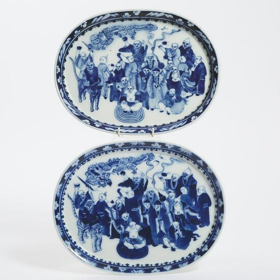 A Pair of Blue and White 'Eighteen Luohan' Dishes, Late