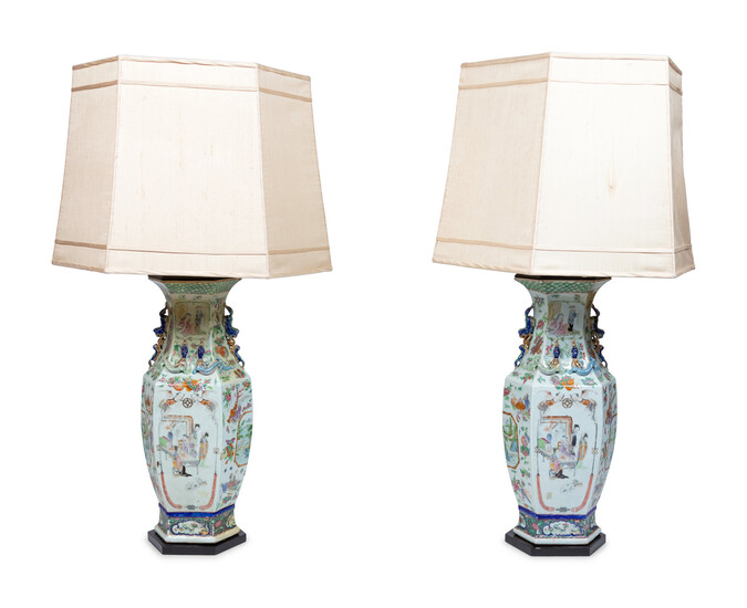A Pair of Chinese Famille Rose Porcelain Vases Mounted as Lamps