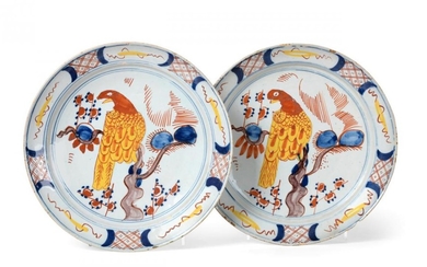A Pair of Dutch Delft Pancake Plates, 18th century, painted...