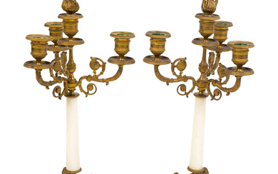 A Pair of Empire Style Gilt Bronze and Marble Four-Light Candelabra
