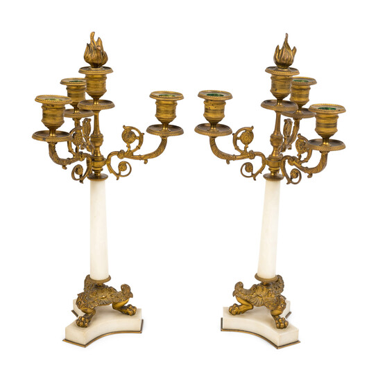 A Pair of Empire Style Gilt Bronze and Marble Four-Light Candelabra