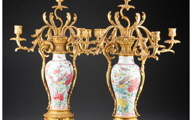A Pair of French Gilt Bronze Mounted Porcelain Candelabra (early 20th century)