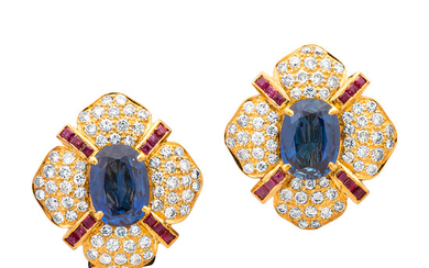A Pair of Sapphire, Diamond, Ruby and Gold Ear Clips