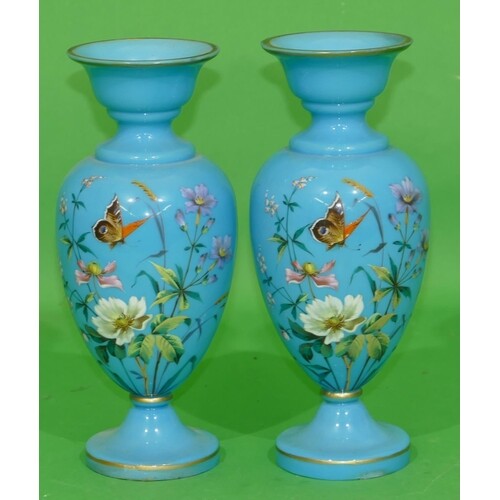 A Pair of Victorian Pale Blue Glass Round Bulbous Thin Necke...