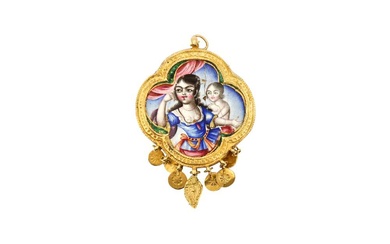 A QAJAR POLYCHROME-PAINTED ENAMELLED GOLD PENDANT WITH MOTHER AND CHILD Qajar Iran, first half 19th century