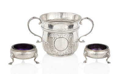 A QUEEN ANNE SILVER CUP AND TWO GEORGE II SALT CELLARS