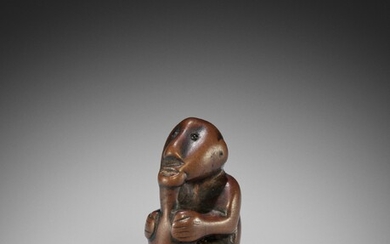 A RARE AND UNUSUAL NETSUKE OF AN ISLANDER DRINKING FROM A BOTTLE