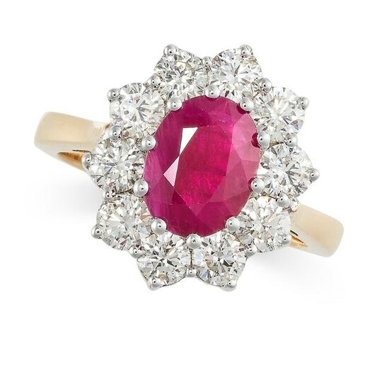 A RUBY AND DIAMOND CLUSTER RING Oval-cut ruby, 1.50