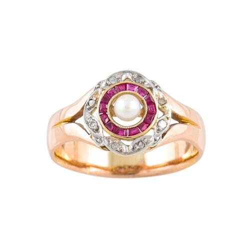 A RUBY, DIAMOND AND PEARL CLUSTER RING, mounted in 18ct gold...