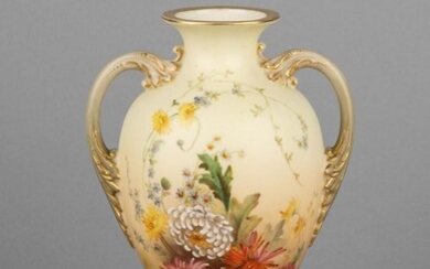 A Royal Worcester oviform vase raised upon a socle base and applied with loop handles, 8 in. (20.3 cm.) h.