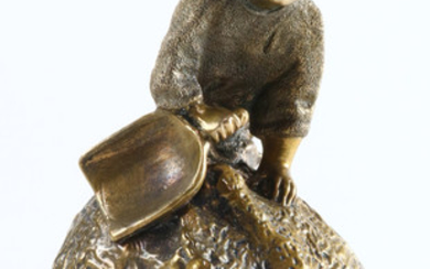 A Russian patinated and textured bronze figural table bell