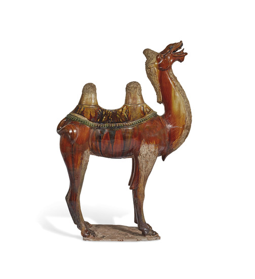 A SANCAI-GLAZED POTTERY FIGURE OF A BACTRIAN CAMEL, TANG DYNASTY (618-907)