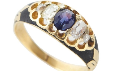 A SAPPHIRE, DIAMOND AND ENAMEL MOURNING RING