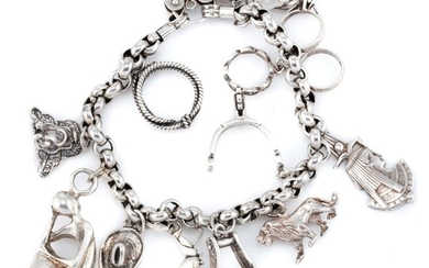 A SILVER CHARM BRACELET; belcher links attached with 12 assorted charms with heart shape padlock clasp, length 19cm, wt. 51.95g.