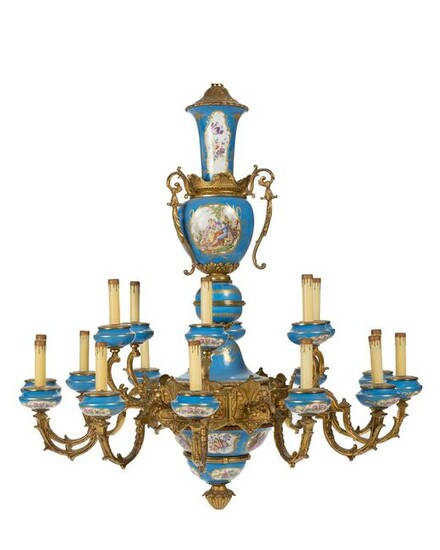 A Sevres-style gilt-bronze and porcelain chandelier