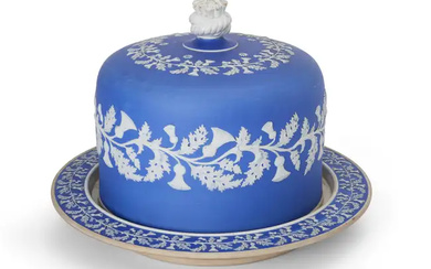 A Staffordshire blue jasperware cheese dome and stand, probably James Dudson, mid-19th...