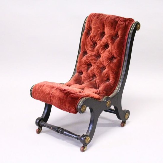 A VICTORIAN CHILD'S EBONISED CHAIR, with button