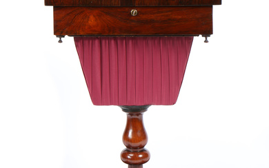 A VICTORIAN ROSEWOOD AND MAHOGANY SEWING TABLE.