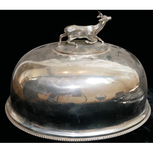 A VICTORIAN SILVER PLATED FIGURAL MEAT COVER Having a deer f...