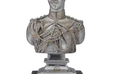 A VICTORIAN SILVER-PLATED MEMORIAL BUST OF H.R.H. PRINCE ALBERT VICTOR, DUKE OF CLARENCE AND AVONDALE IN HIS UNIFORM AS CAPTAIN OF THE 10TH HUSSARS MARK OF ELKINGTON & CO., BIRMINGHAM, CIRCA 1892