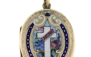 A Victorian 9ct gold back and front enamel cross and floral motif locket.