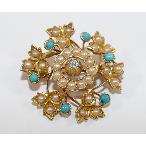 A Victorian gold, diamond, seed pearl and turquoise pendant ...