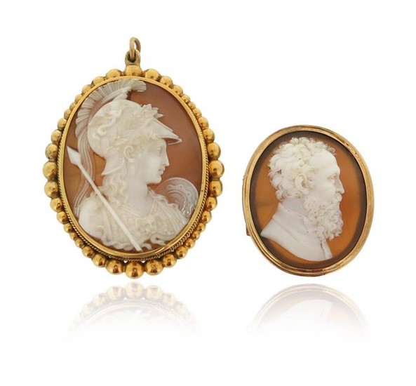 A Victorian shell cameo brooch depicting Michelangelo, in...