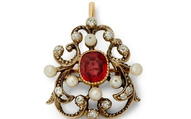 A Victorian spinel, pearl and diamond brooch.