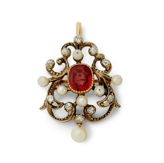 A Victorian spinel, pearl and diamond brooch.