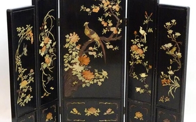 A black lacquered 6 fold oriental screen with hardstone