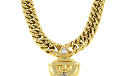 A brilliant-cut diamond pendant, on integral chain.