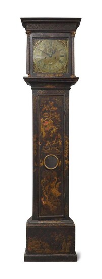 A chinoiserie eight day longcase clock, by John Berry, London, second quarter 18th century, the black lacquered case with moulded cornice above fretwork frieze, with four pillars flanking glazed hood door and glass side panels, the trunk and plinth...