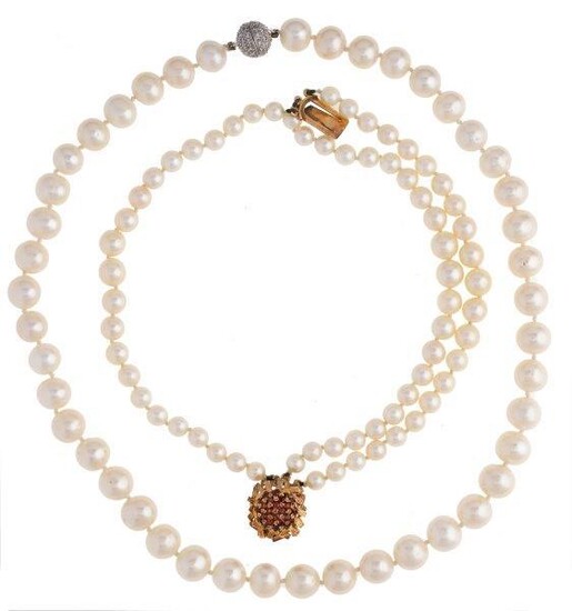 A cultured pearl bracelet and a fresh water cultured pearl necklace, the bracelet composed of three graduated rows of cultured pearls to a 9ct gold garnet circular cluster clasp, length, 18cm; and a uniform single row freshwater cultured pearl...