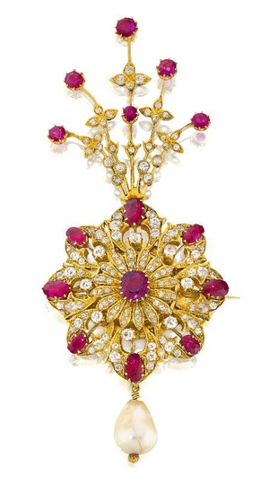 A diamond- and ruby-set gold sarpech formerly the property of the Maharaja of Patiala, Bhupinder Singh, Punjab, circa 1910, set with 133 diamonds, 15 Burmese rubies and a large natural pearl, in three parts; the detachable fan-shaped spray with...