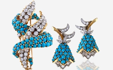 A diamond, turquoise, and eighteen karat gold brooch with matching ear clips, Cartier France