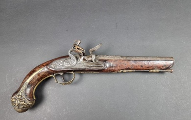 A fine early 19th century Irish duelling pistol, with relief...